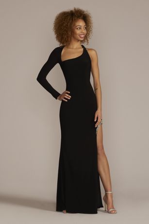 One Shoulder Beaded Jersey Gown with ...